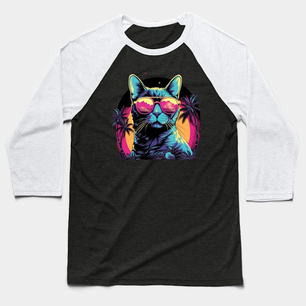 Retro Wave Egyptian Mau Cat Shirt Baseball T-Shirt by Miami Neon Designs